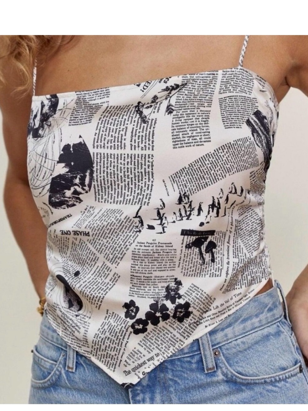 Reformation Cream and Black Newspaper-Print Silk-Look Camisole Scarf Top